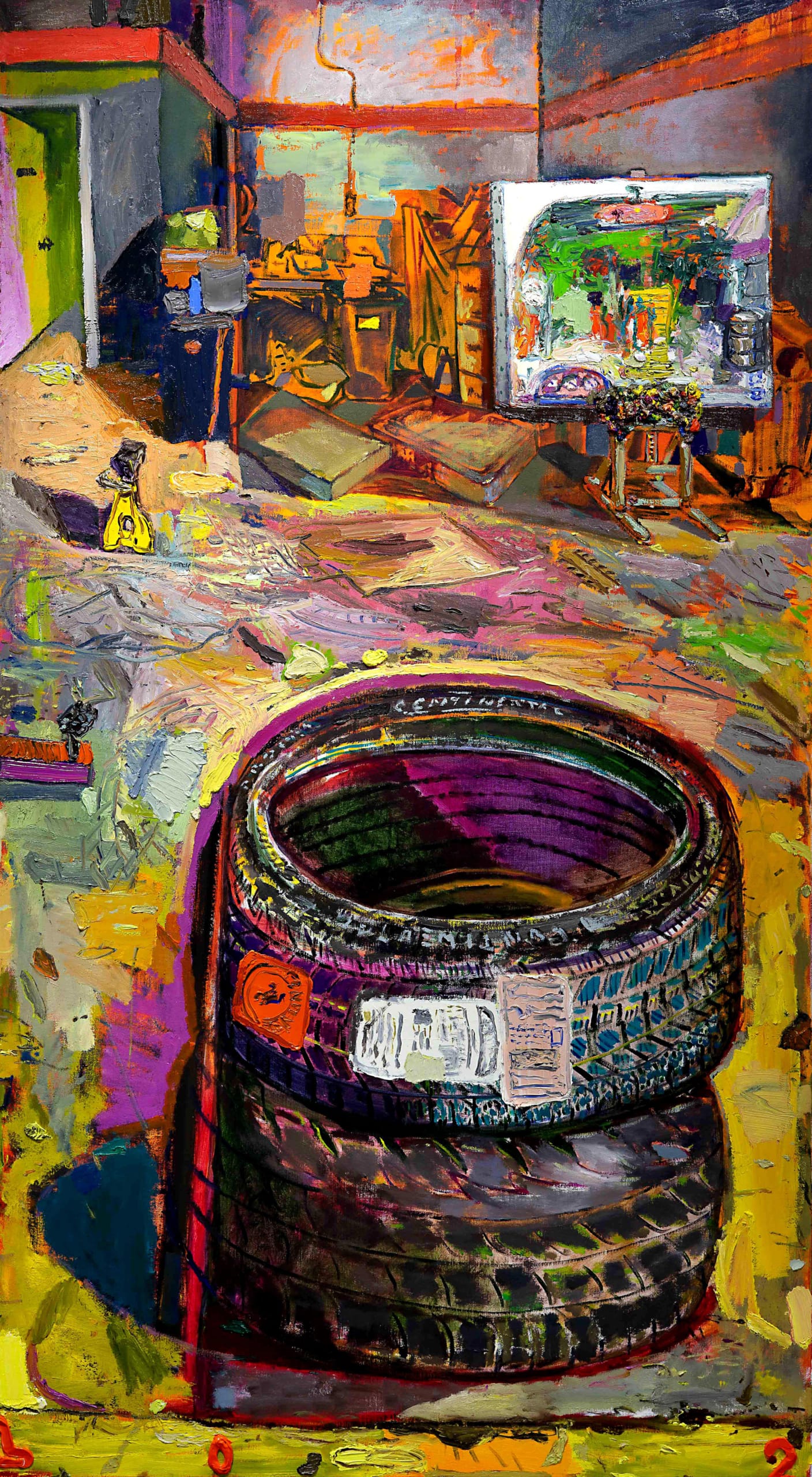 Jefreid Lotti | Painting of a Painting and Two Tires, 2022 | 68"x38"in, Oil on linen