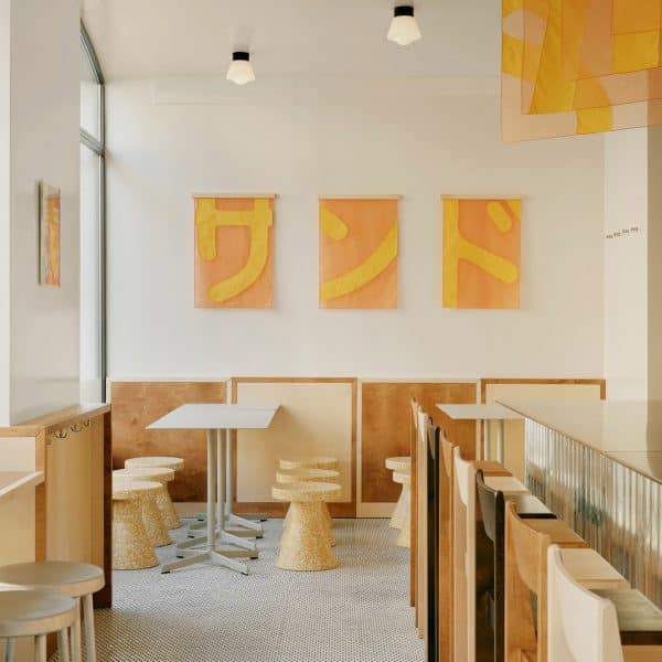 Japanese patchwork technique informs interior of Sando burger bar in Geneva