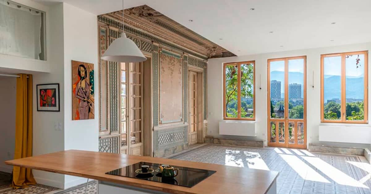 old french house’s renovation revives intricate wood flooring and wall frescoes