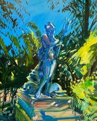 #RecentAcquisition ✨ Deborah Brown's "Poseidon" (2022), transports viewers to the Huntington Art Museum and Botanical Gardens, a frequent destination in the artist’s childhood and a major influence on her aesthetics.In this work from the artist's (b.1955, Pasadena, CA) shadow series, a human figure and dog encounter spectral sculptures looming over dense thatches of pink and green. Neoclassical in both style and subject matter, they harken to an era when American titans of industry asserted their newly aristocratic pedigrees through the shorthand of classical civilization.These sculptures, which once populated the mansion of the museum’s namesake, have been transformed from private property into public art. Given the historical centrality of art in establishing wealth and status in this upstart nation, the small transgressions of Brown’s observer— filching both images and inspiration from sumptuous surroundings—provide a vicarious thrill.The verdant painting is remarkable in its powers of observation and of possibility. The silhouettes encourage viewers to study the painted scene as though they are the shadowy figures.This work was donated to ICA Miami in honor of The 365 Party and its honorees, Stefanie and Evan J Reed. "It has been on my wish list for some time to have my work in the collection of the ICA Miami. Thanks to your support and the generosity and enthusiasm of Mary and Howard Frank, Andrew Reed, and Gavlak Gallery, my dream has come true! I am thrilled to be part of the permanent collection." – DeborahBrownArt———
(1-3) Deborah Brown, Poseidon, 2022. Oil on canvas. Institute of Contemporary Art, Miami. Museum purchase with funds provided by Howard and Mary E. Frank, in honor of Evan and Stefanie Reed. Image Courtesy of ABR Contemporary. (4-5) Artist portraits © Mary Kang for Avant Arte.#ICAMiami #MiamiArt #MiamiMuseum #DeborahBrown #BrooklynArt #BrooklynArtist #ContemporaryPainting #OilPainting #PaintingNature #Poseidon #GavlakGallery #ABRContemporary