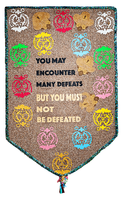 Never Defeated, 2019, Appliqué and iron-on transfer vinyl on a repurposed rug, 5 x 7 ft