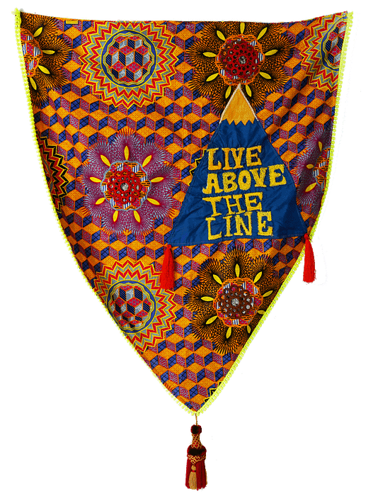 Live Above the Line, embroidery on Kente cloth, 2019, 20 x 35, $3000